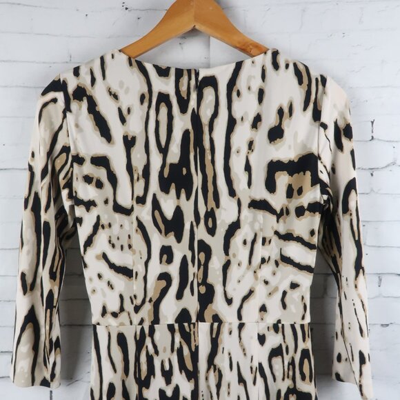 TAHARI ASL CREAM TAN & BLACK ANIMAL PRINT 3/4 SLEEVE MOCK WRAP MIDI DRESS SIZE 2 - Picture 11 of 12